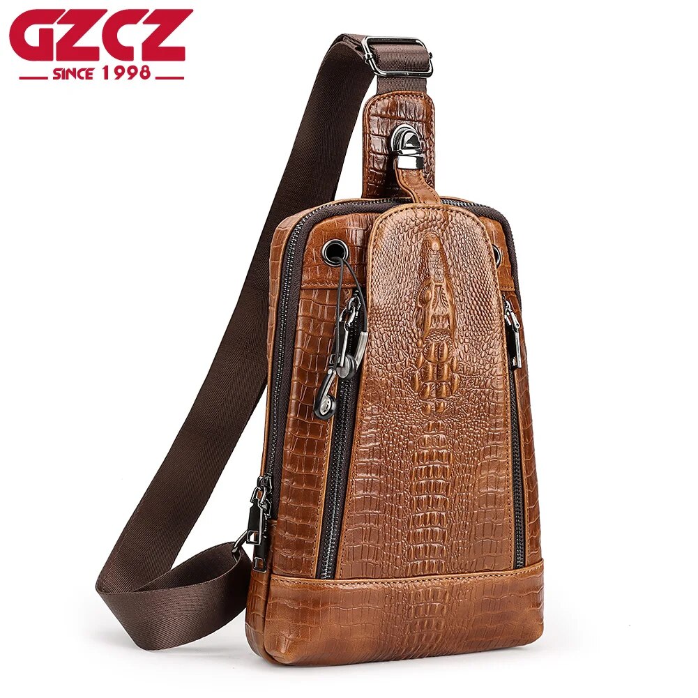 ZZOOI Top Quality Men's Chest Pack Luxury Crocodile Grain Shoulder Bag Cowhide Leather Male Crossbody Bags with Zipper Phone Pocket ราคา 1,296 บาท*ส่งฟรี