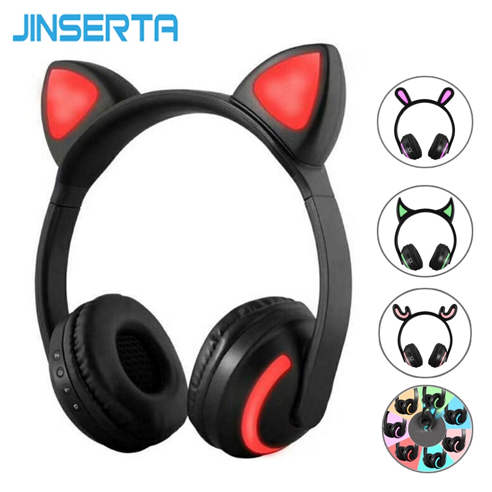 【Limited stock】 Jinserta Cat/rabbit/deer/devil Ear Headphones 7-Color Led Flashing Glowing Wireless Bluetooth Headphone For Cosplay Kids Gaming
