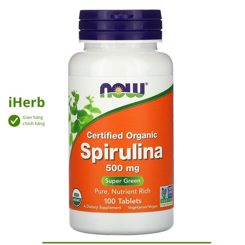 Certified Organic Spirulina, 500 mg lọ 100 viên của Now Foods