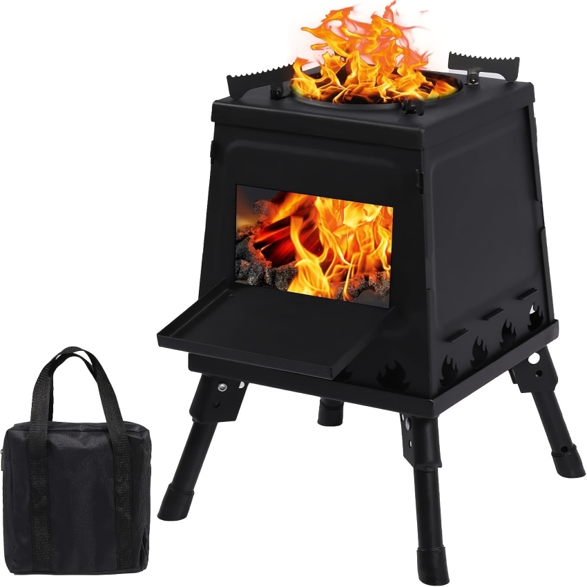 1PC gỗ đốt bếp cắm trại xách tay gang Lò đốt dùng củi cho đi bộ ngoài trời dã ngoại BBQ du lịch đen