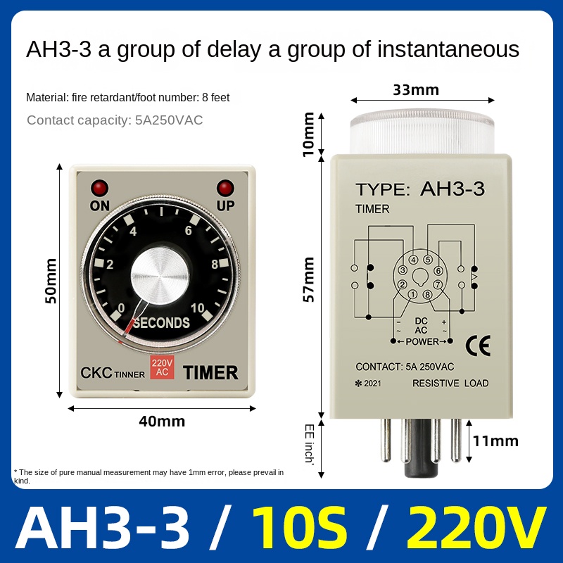 Timer Relay AH3-3 -10s-220V | tùy chọn Rơ Le thời gian AH3-3, AH3-2 CKC, 1s-60m, AC220V/DC24V, Trễ Bật, 8 Chân, Công Nghiệp, IP50, Độ Chính Xác Cao