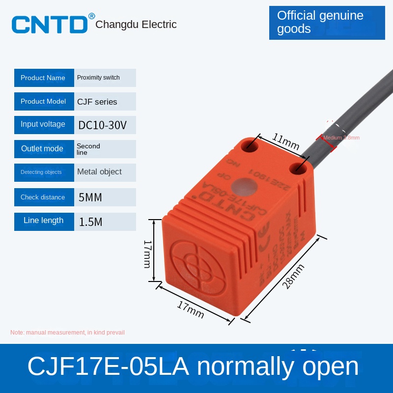 Cảm Biến Tiệm Cận CJF17E-05LA CNTD | Tùy Chọn CJF17E-05NA/NB/PA/PB/LA - PNP, 3 Dây DC, Phát Hiện Kim Loại 5-15mm, Bảo Vệ Sóng Xung