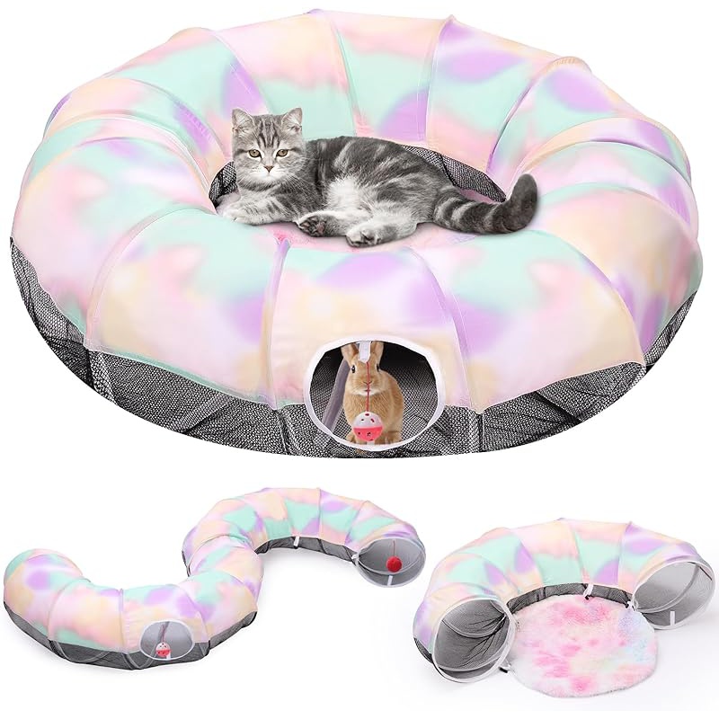 LZD Pawaboo Cat Tunnel With Cat Bed For Indoor Cats, Cat Tube Collapsible Playground Toys, Interactive Cat Cave Hideout ของเล่นในร่มแบบพับได้สำหรับแมวขนาดกลางขนาดเล็กลูกสุนัขกระต่ายเฟอเรท