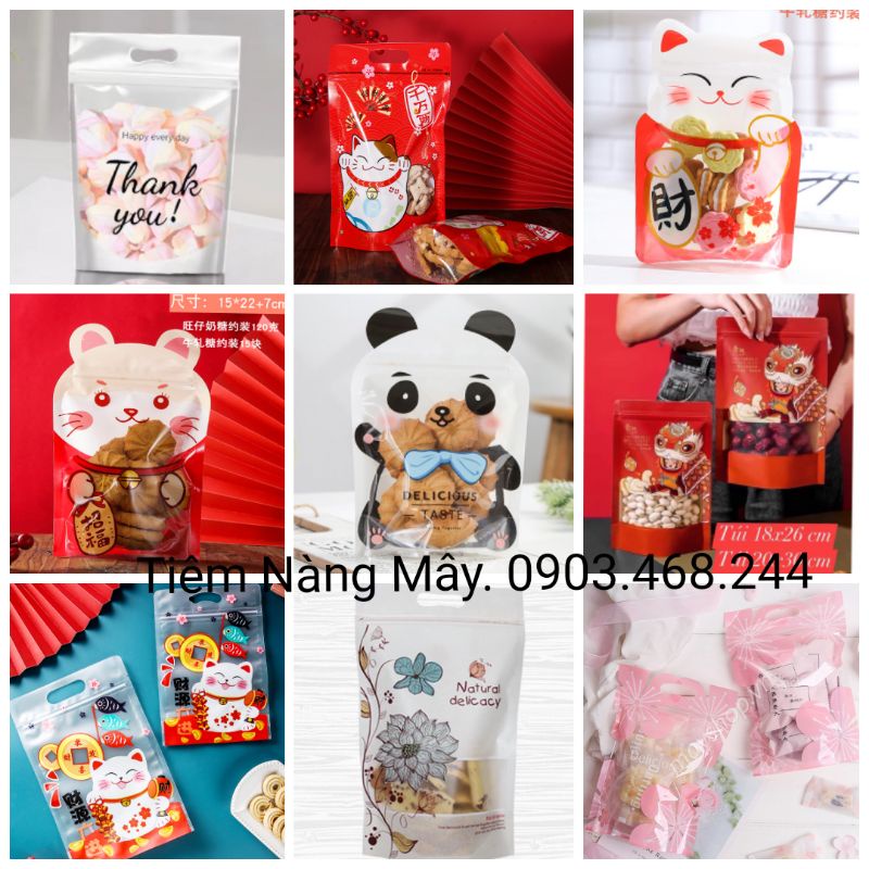 50 Túi zip mèo thần tài, thỏ, hoa lá đựng bánh kẹo ,bánh dứa, nougat