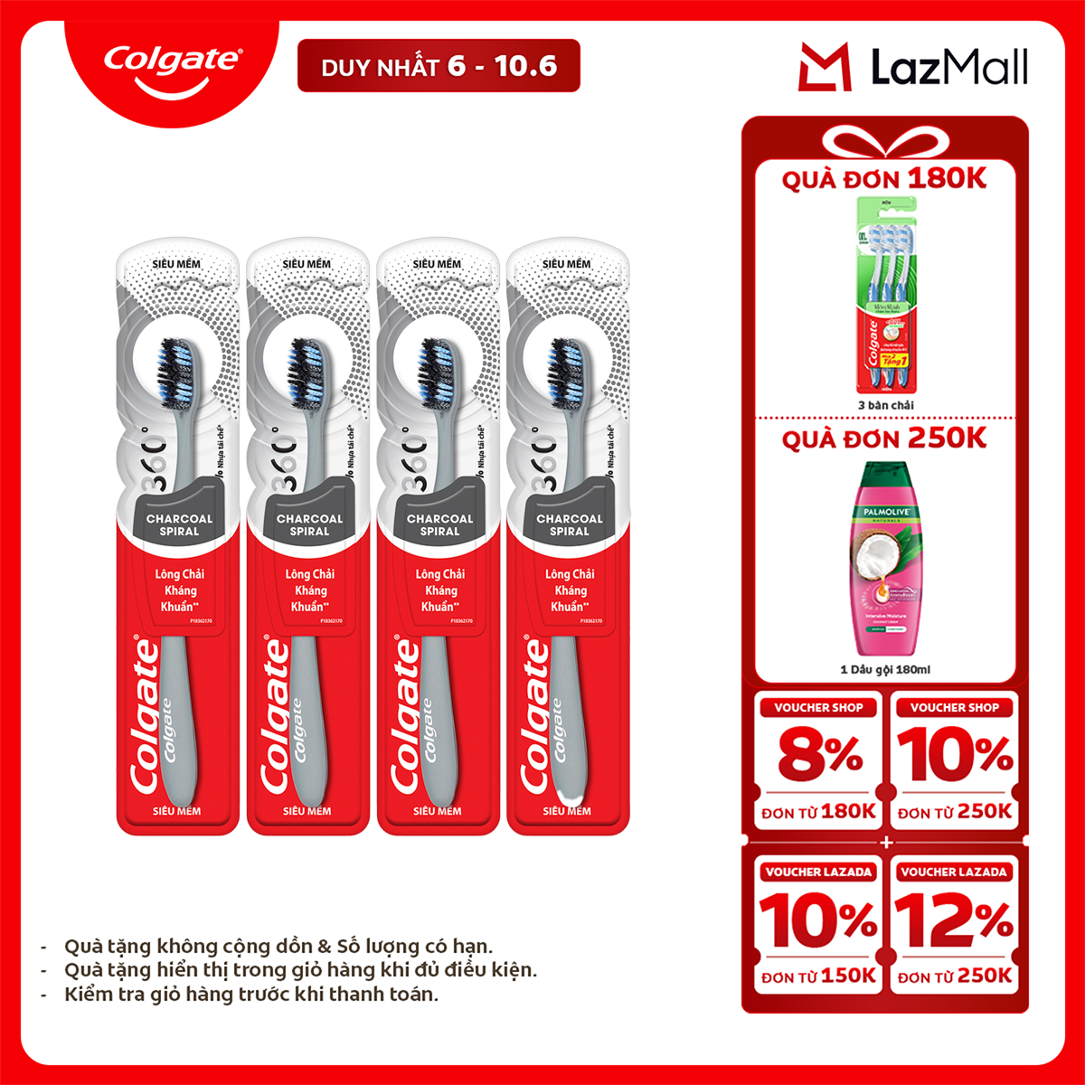 [Chỉ 6-10.6_X2 Voucher giảm 22%] Bàn chải Colgate 360 than hoạt tính kháng vi khuẩn Charcoal Spiral lông chải xoắn kép