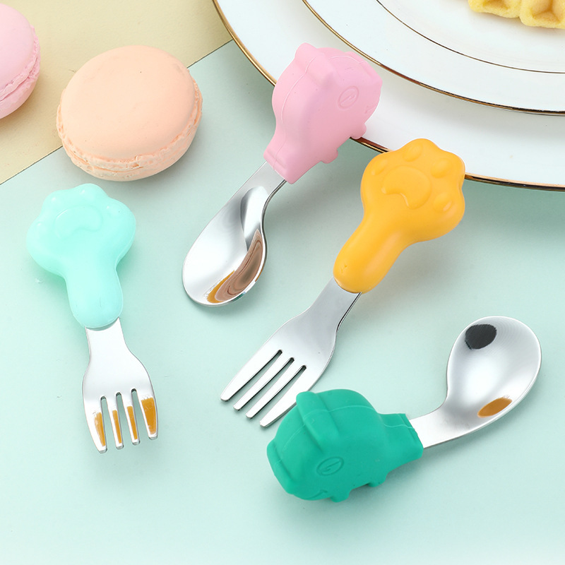 [YYL]❦⊰304 Stainless Steel Children's Silicone Training Fork and Spoon Baby Feeding Silicone Short Handle Cartoon Cute Cat Claw Tableware Safe Non-Toxic Silicone