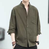 YIPINYOUYOU เสื้อเชิ้ตผู้ชายทรงหลวมคอตั้งสำหรับฤดูร้อนเสื้อเชิ้ตแขนสั้นลำลองแขนเจ็ดส่วน