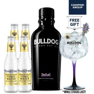 Premium Botanical Gin and Tonic Cocktail - BullDog London Dry Gin 750ml, Indian Tonic Water 4 x 200ml and FREE Bulldog Gin Sprayed Glass