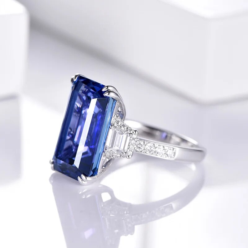 Yangfx Silver Color New High End Temperament Rectangular Sapphire Simulation Tanzanite Open Ring Female Jewelry