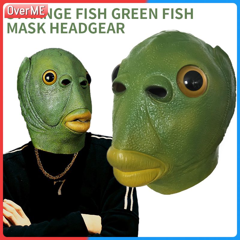 OverME Funny Weird Fish Green Fish Head Mask Latex Green Fish Headgear Run