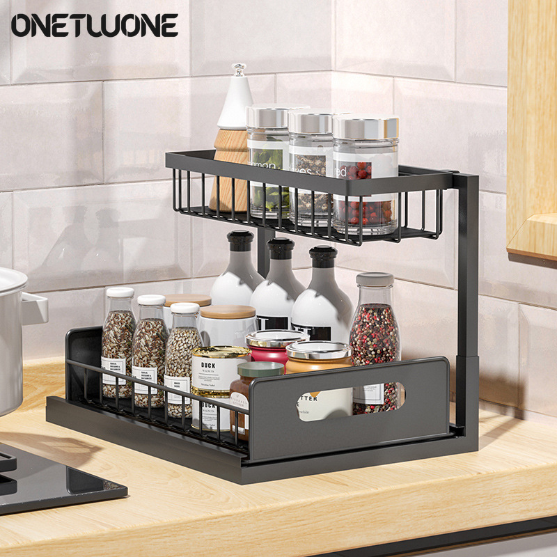 Onetwone Kitchen sapce saver Cabinet Storage Rack, Sink Storage Rack,2 Layers Iron Kitchen Organizer with Pull-out Drawer Basket Season Bottles Organizing Rack ราคา 724 บาท*ส่งฟรี
