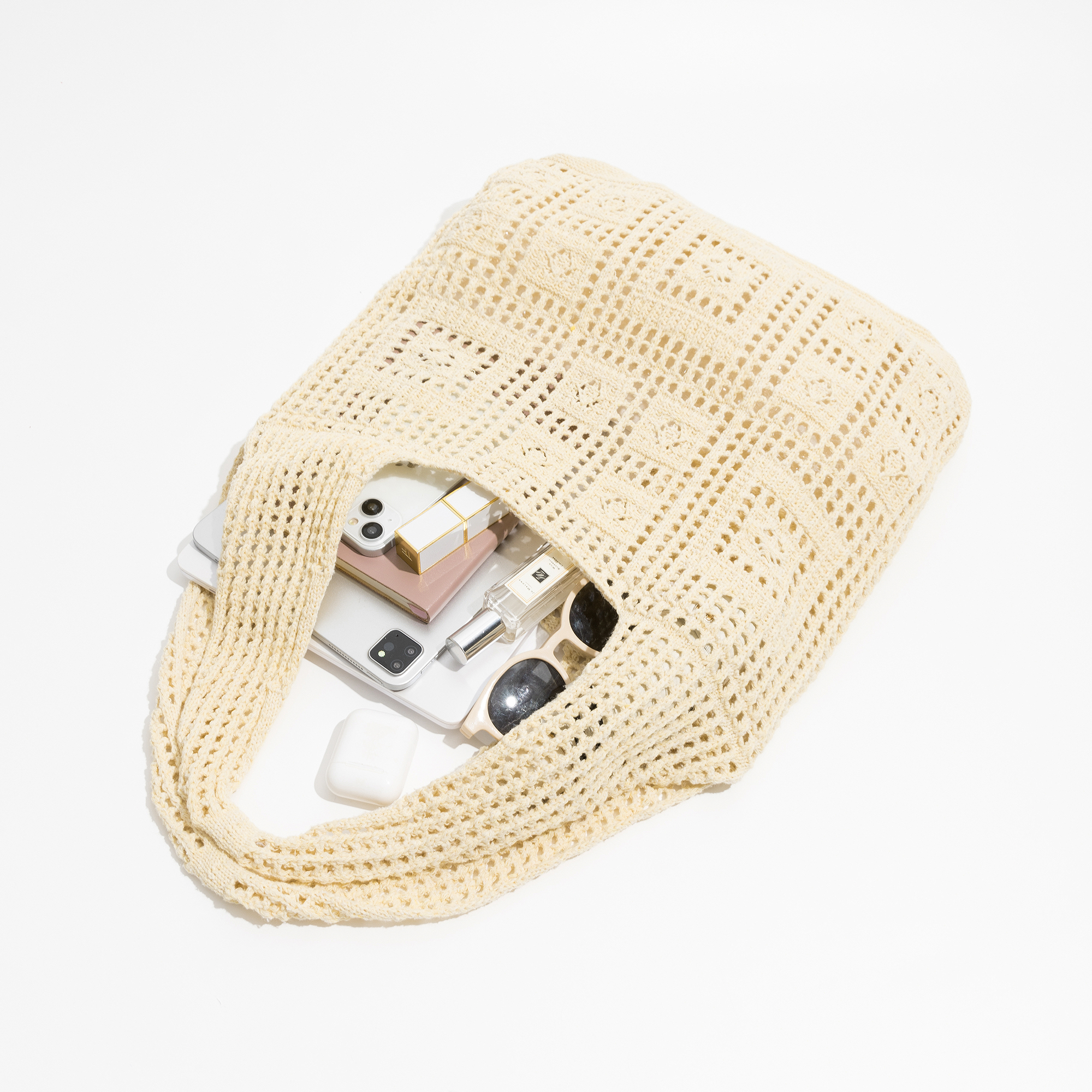 [NINECK] MABULA Solid Color Bohemian Cotton Knitting Shoulder Bag Hollow Out Crochet Woven Beach Handbag Japanese Simple Trend Tote Purse