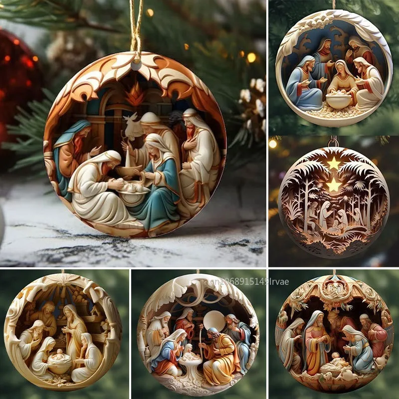 【ABLE】 2D Acrylic Jesus Nativity Scene Pendant Christian Tree Ornament The Birth Of Jesus Pendant 2024 Navidad Decor New Year Xmas Gift