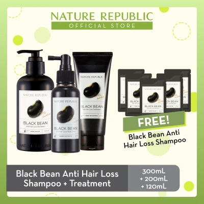 Nature Republic Black Bean Anti Hair Loss Shampoo + Treatment + Tonic (300 mL + 200 mL + 120 mL) + Shampoo Sample (10 mL - 5pcs) ★