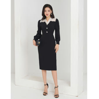 Đầm crep tay dài thiết kế cổ phối voan trắng thanh lịch Orchid - AT12B069