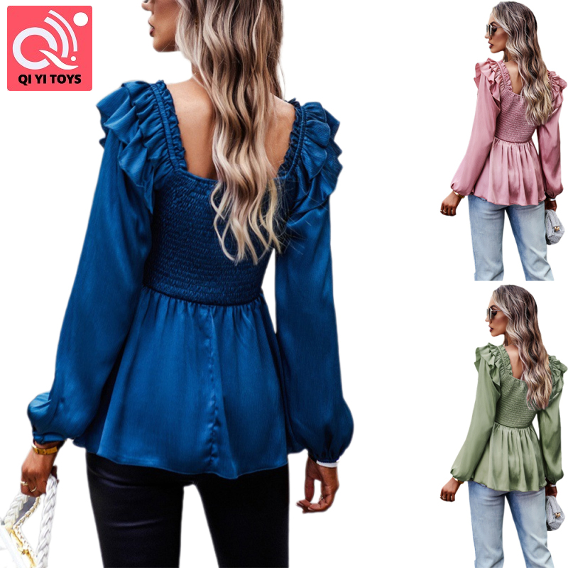 ⚡⚡Phụ Nữ Cổ Vuông Áo màu trơn tay áo phồng dài Thiết Kế diềm Xếp Nếp Thanh Lịch T-Shirt Giản Dị Tops Cho du lịch làm việc Mua Sắm