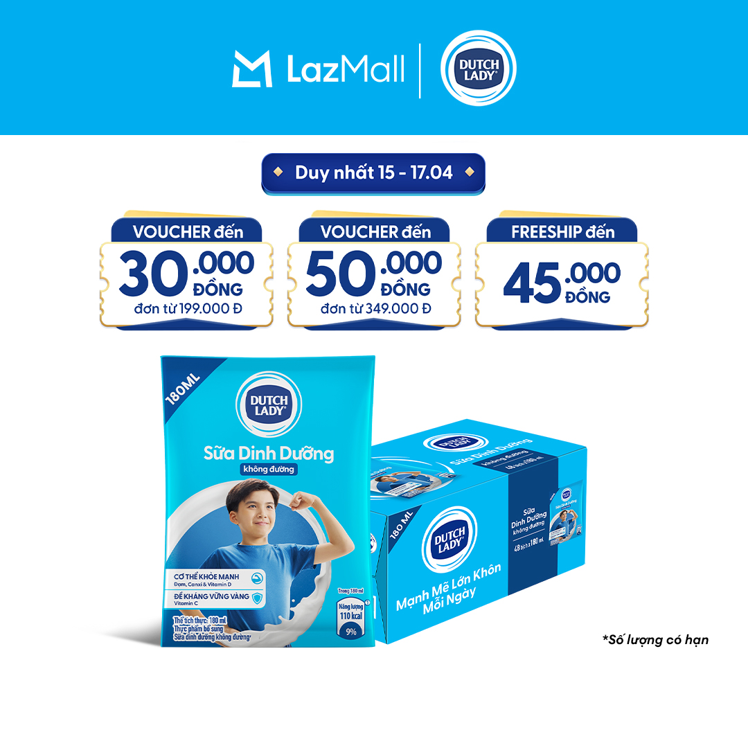 Thùng 48 Bịch Sữa Dinh Dưỡng Dutch Lady Cô Gái Hà Lan Không Đường 180ml (48x180ml)