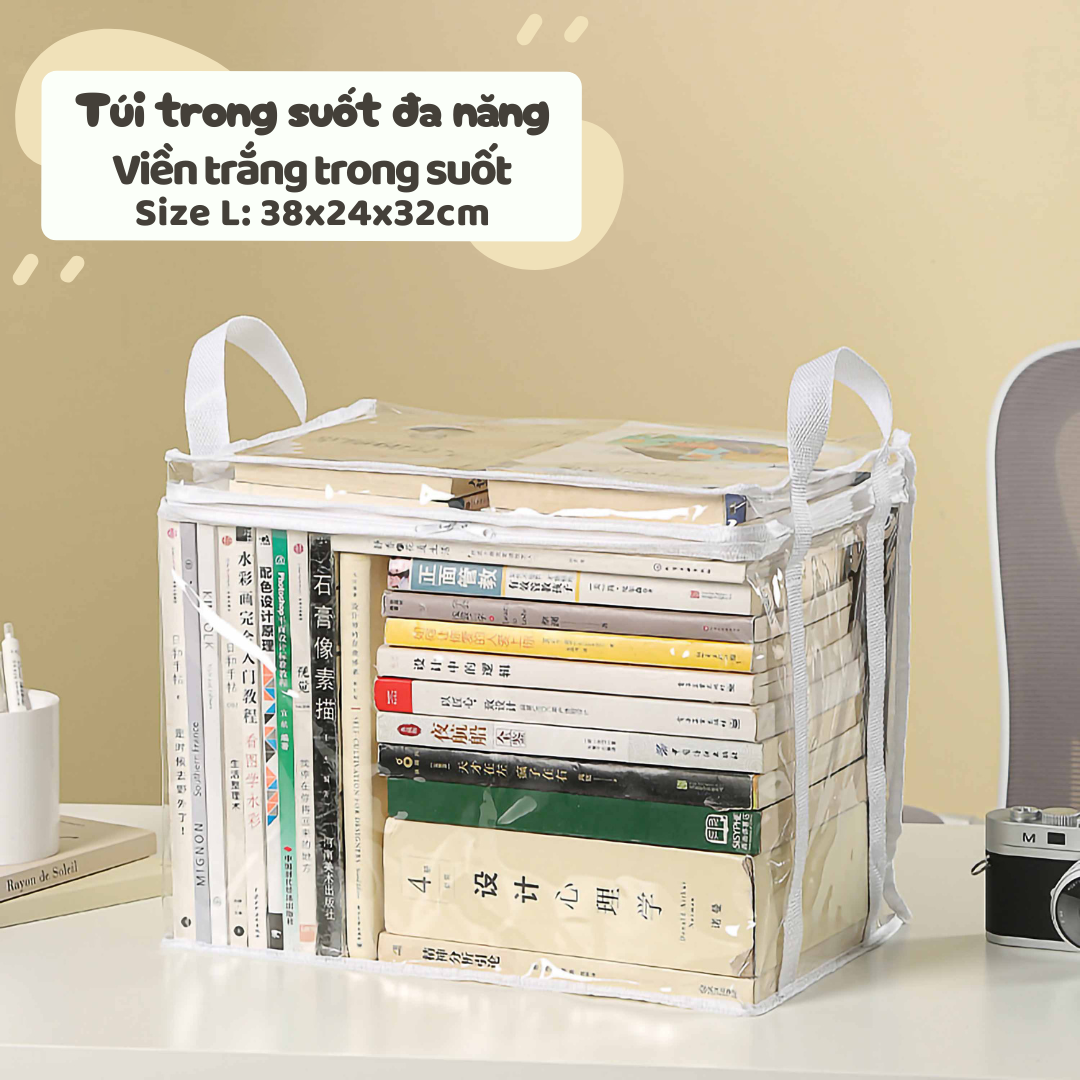 Hộp đựng sách để bàn có sức chứa lớn chất liệu PVC trong suốt có khóa kéo thuận tiện cho việc quan sát và chống bụi
