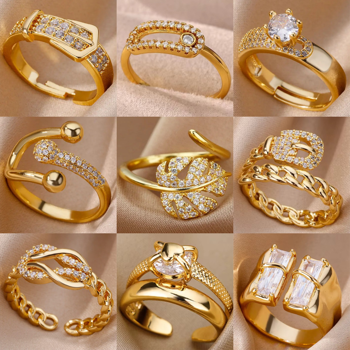  Thép titan mạ vàng 18K không phai màu nhẫn mở nhẫn lá zircon nữ cảm giác chất lượng cao của phụ nữ 