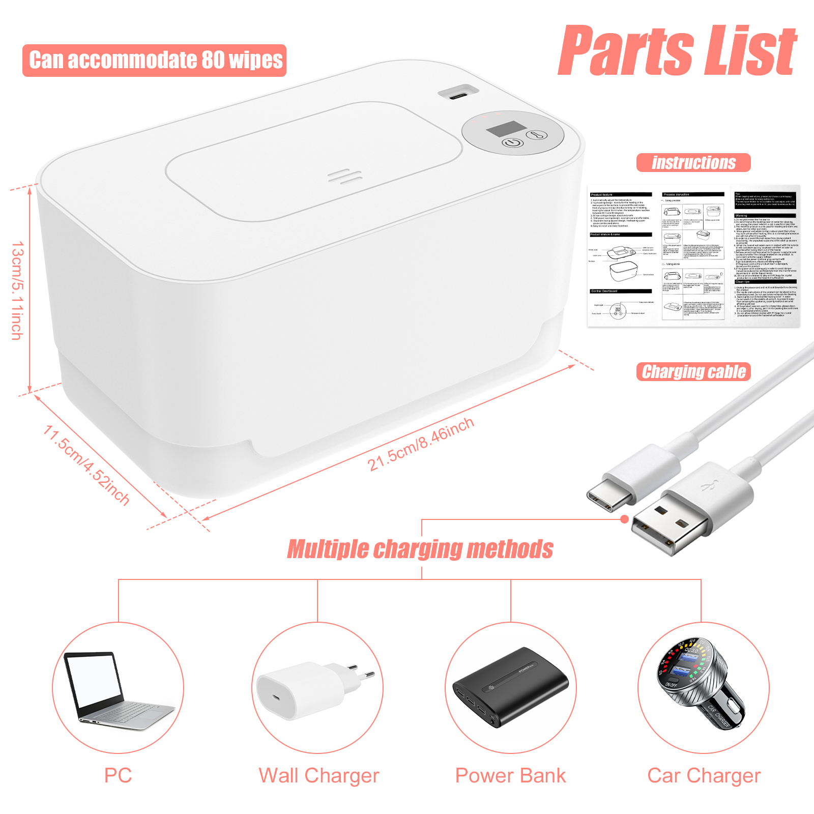 [NINECK] USB Baby Wipe Warmer LED Light Wet Wipes Keep warm Box Adjustable Temperature Heating Diaper Dispenser Portable Large Capacity Giá 301,000 Đồng*Miễn phí vận chuyển