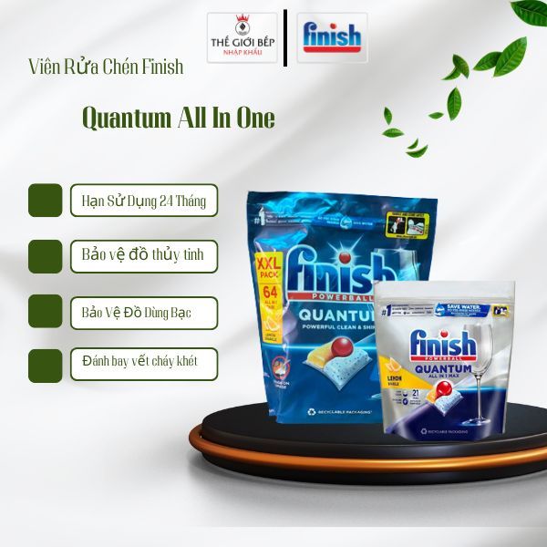 Viên rửa chén Finish Quantum All in One – Sạch sâu – Khử mùi – Hòa tan nhanh – Dùng cho máy - Hàng Chính Hãng - BNK