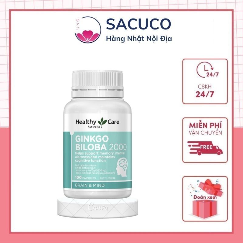 Bổ não Ginkgo Biloba 2000, viên uống bổ não, tuần hoàn máu não, 100 viên