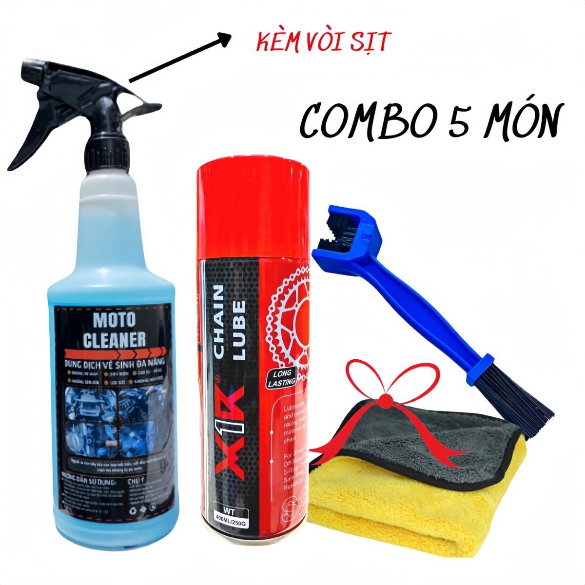 Combo Dung Dịch Tẩy Rửa Đa Năng Moto Cleaner và Dưỡng Sên X1R Chống Văng Tặng Kèm Cọ Và Khăn 3M