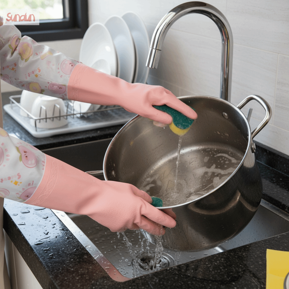 SUNDUN Chống thấm nước Găng tay rửa chén Dày hơn Lót lông cừu Găng tay lông cừu cao su Dụng cụ chà rửa Mẫu hoạt hình Găng tay bếp Bảo vệ mùa đông