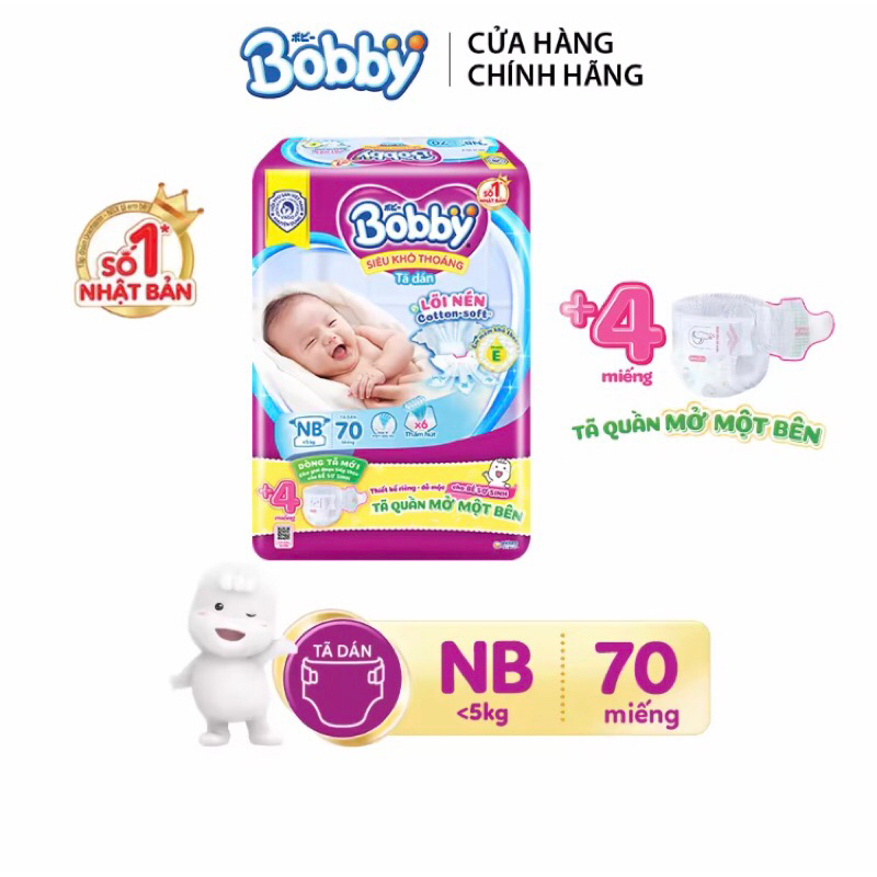 Tã/bỉm DÁN BOBBY lõi nén Cotton-Soft (XS70)NB70/S80/M76 mới