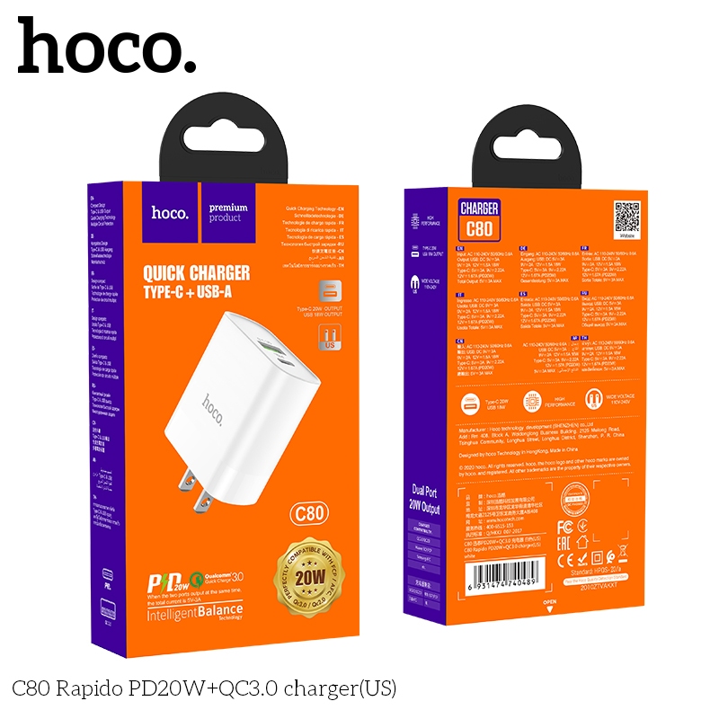 Cóc Sạc Nhanh 20W Hoco C80 (Type-c + USB) và Cóc Sạc Nhanh 20W Hoco C105A