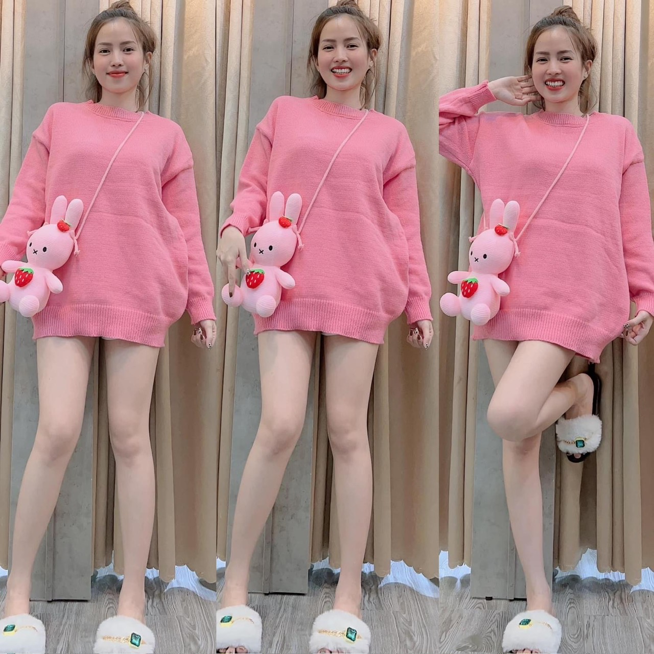 Áo len nữ túi thỏ dâu tay dài dáng dài form rộng nhiều màu
