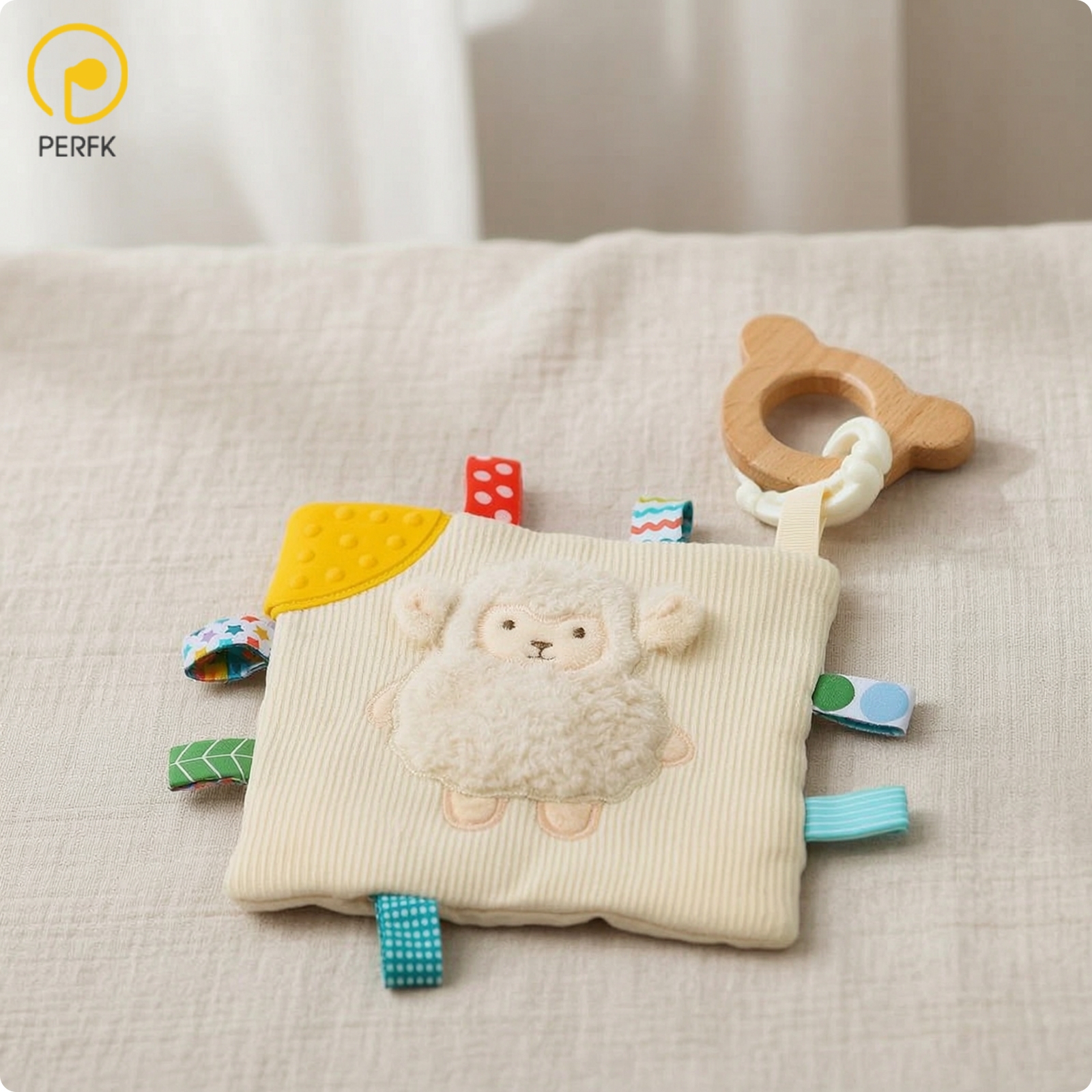 Perfk Soft Baby Soothing Cloth with Teether Ribbed Lovey with Teether Tactile Security Blanket with Wooden Loop Textured for Babies, Infants, Newborns, Stroller, Tummy Time, Crib ราคา 458 บาท*ส่งฟรี