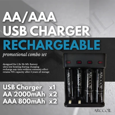 Arccoil Ni-MH AA/AAA Rechargeable Batteries 4 Slots LED LCD USB Battery Charger