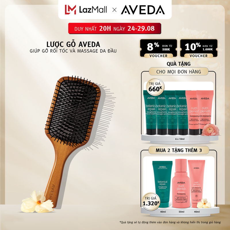 Lược gỗ AVEDA giúp gỡ rối tóc và massage da đầu - Wooden Paddle Brush