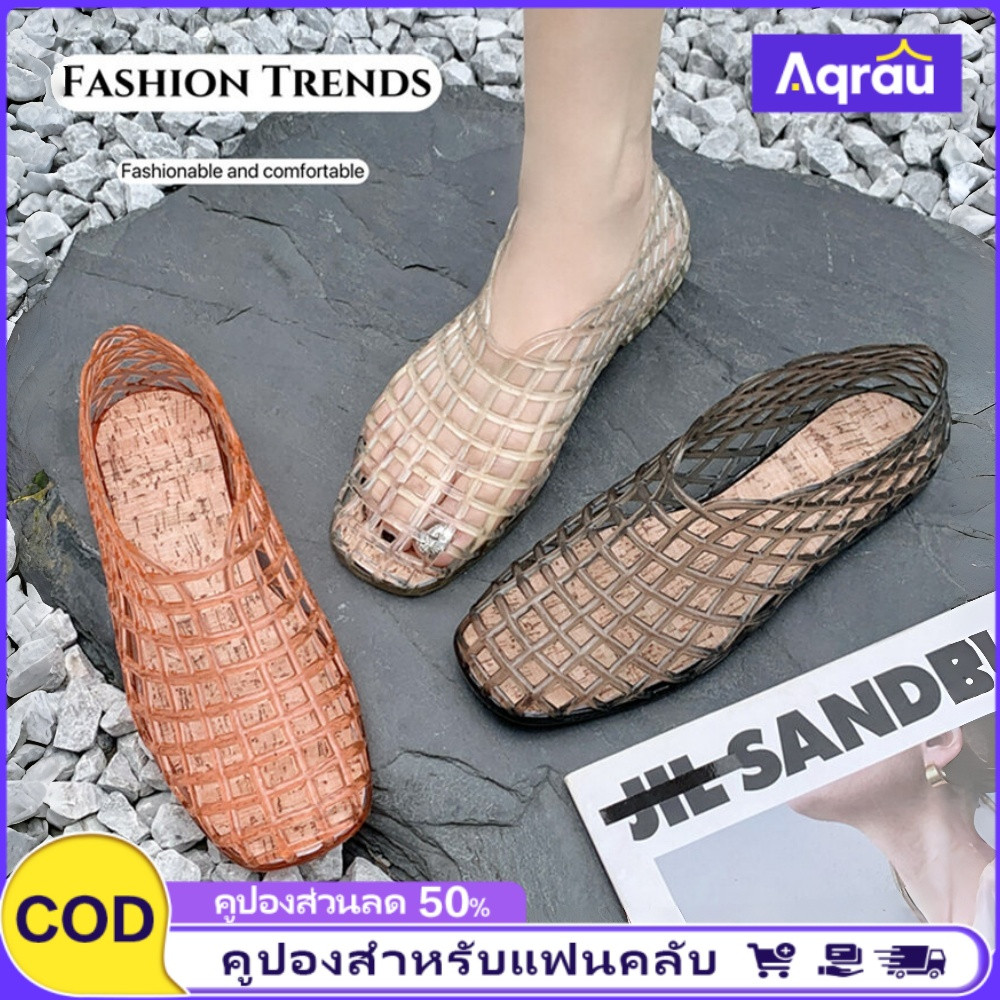 Aqrau 【50%OFF】New Summer Fashion Flat Bottom Sandals Hollow out Breathable Casual Anti-Slip Slippers Open Toe Slip-On Shoes ราคา 135 บาท*ส่งฟรี