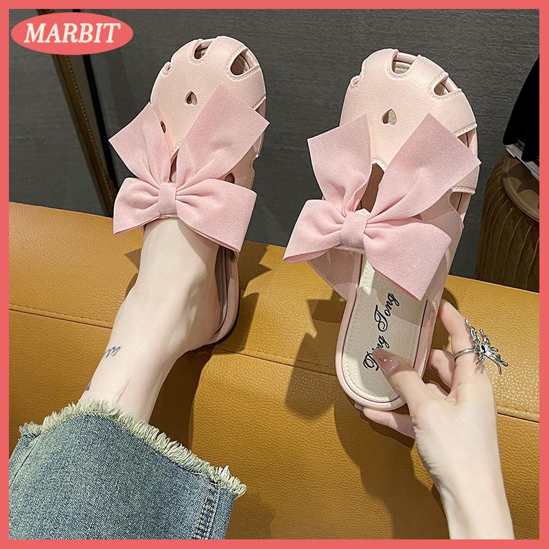 MARBIT Hot Sale รองเท้าแตะผูกโบว์น่ารักสำหรับผู้หญิงรองเท้าแตะส้นแบนหัวมนสีชมพู2023ฤดูร้อน ราคา 95 บาท*ส่งฟรี