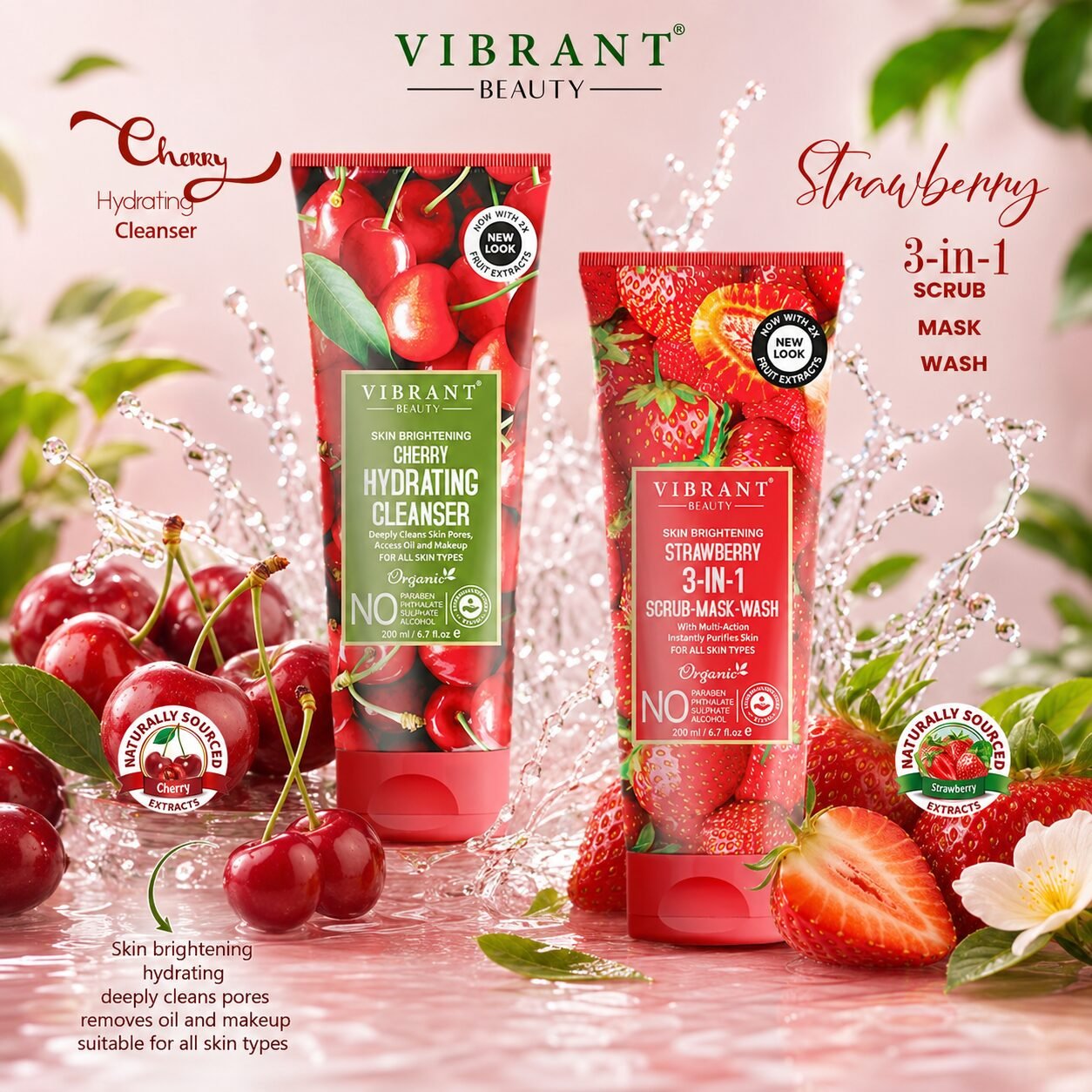 Vibrant Beauty Cherry Hydrating Cleanser + Strawberry 3in1 Scrub-Mask-Wash | Face Mask Care | 200ml