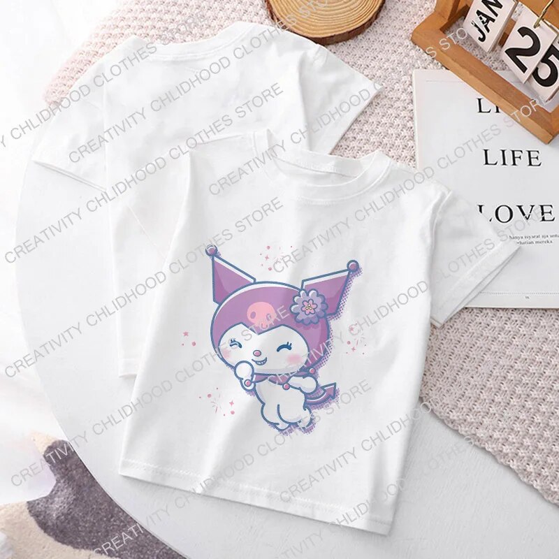 Sanrio Kuromi Children T-Shirt Hello Kitty Y2K Clothes Kawaii Anime Funny Cartoons Kid Boy Girl Tee Shirts Fashion Casual Tops - 5