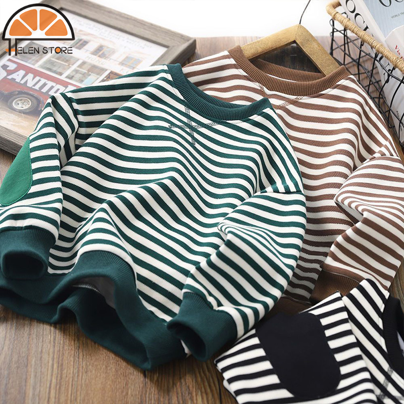 Hschildren Áo thun dài tay kẻ sọc thời trang mùa đông mới Áo nỉ tay áo dài cổ tròn Preppy bé trai và bé gái mềm mại và thoải mái