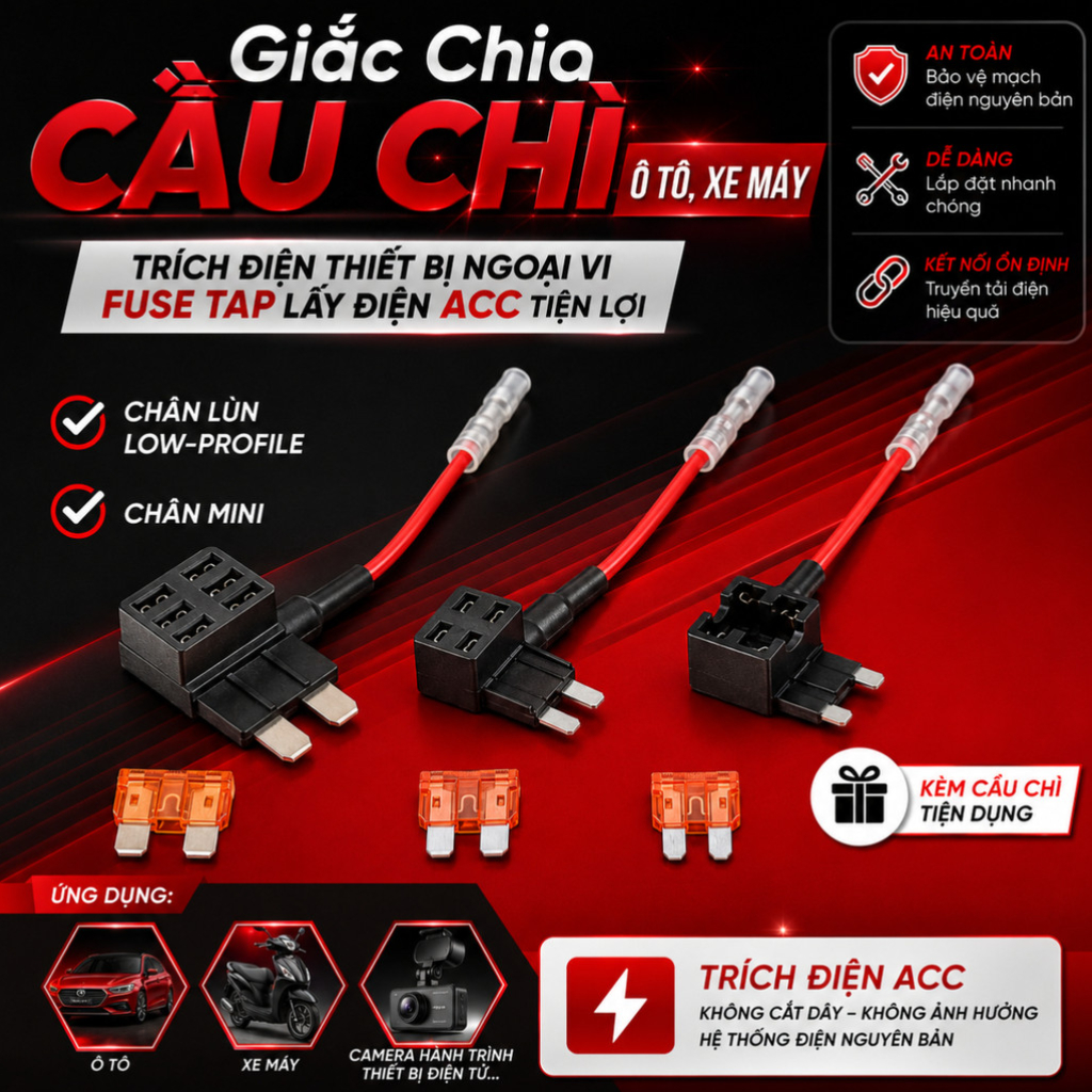 Giắc Chia Cầu Chì Fuse Tap Chân Lùn Low Profile Mini - Trích Điện ACC Cho Ô Tô Xe Máy