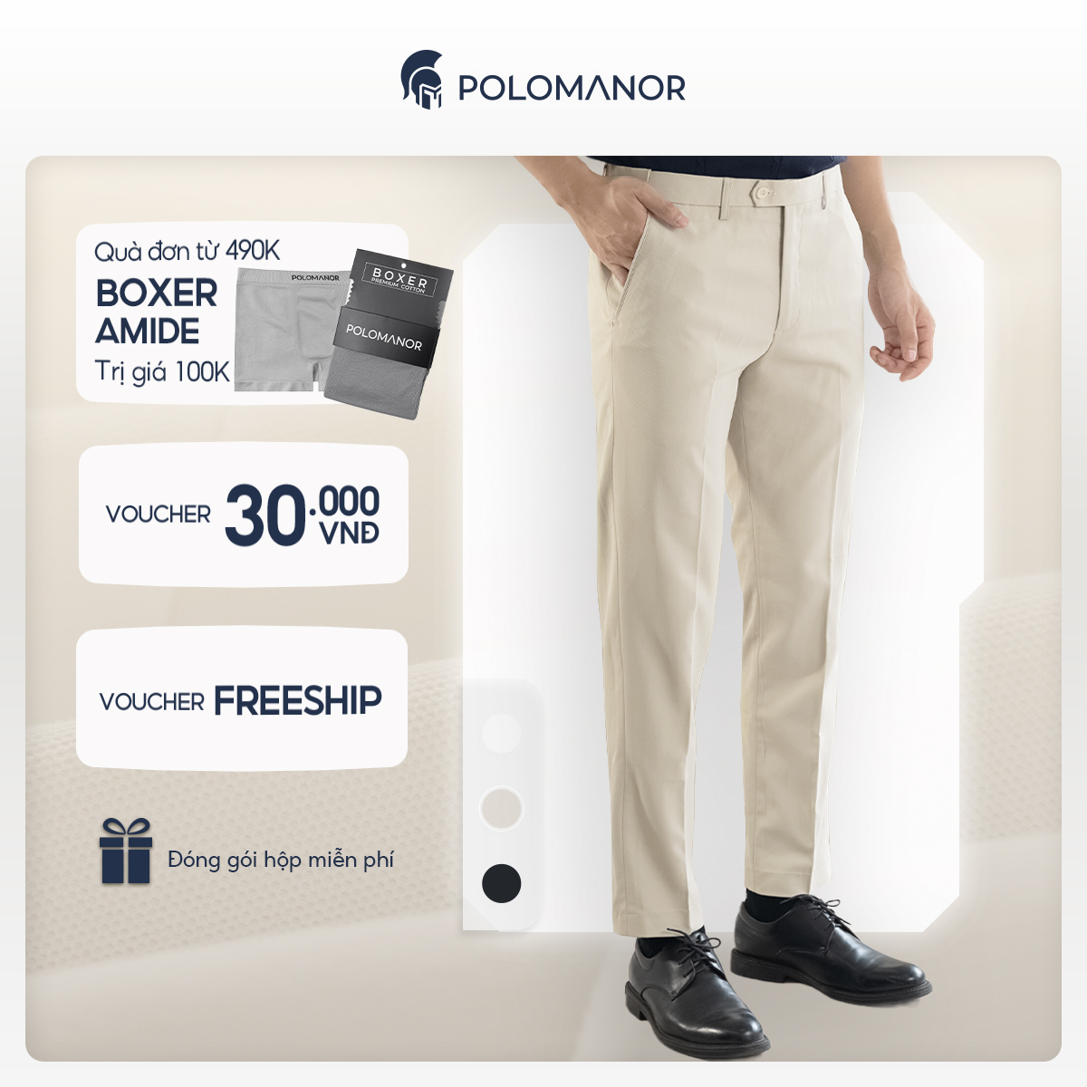 Quần dài tây nam POLOMANOR co giãn 2 chiều, xuất xịn, lưng đai chun ẩn, chuẩn form