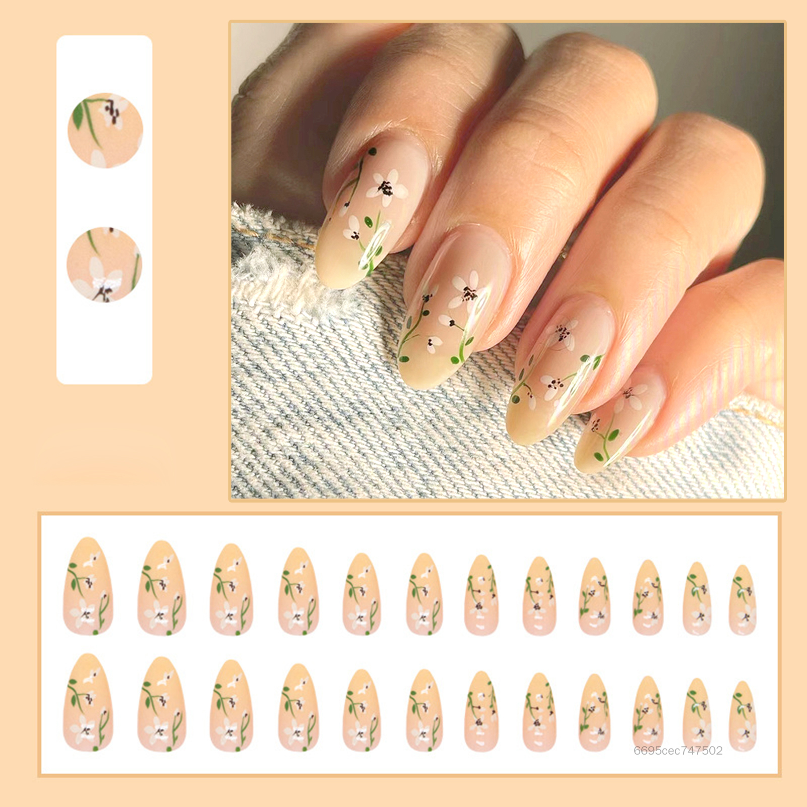 GQQ Almonds Press on Nails Vintage Flower Pattern Design Finished Nail Tips Art Supplies for Women Girls GQQ-MY