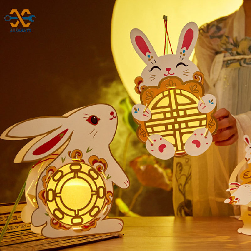 Di sản văn hóa phi vật thể trẻ em sản xuất đèn Lồng thỏ ngọc phong cách dân tộc tết trung thu của zuoguan thủ công tự làm đèn Lồng thỏ gói vật liệu