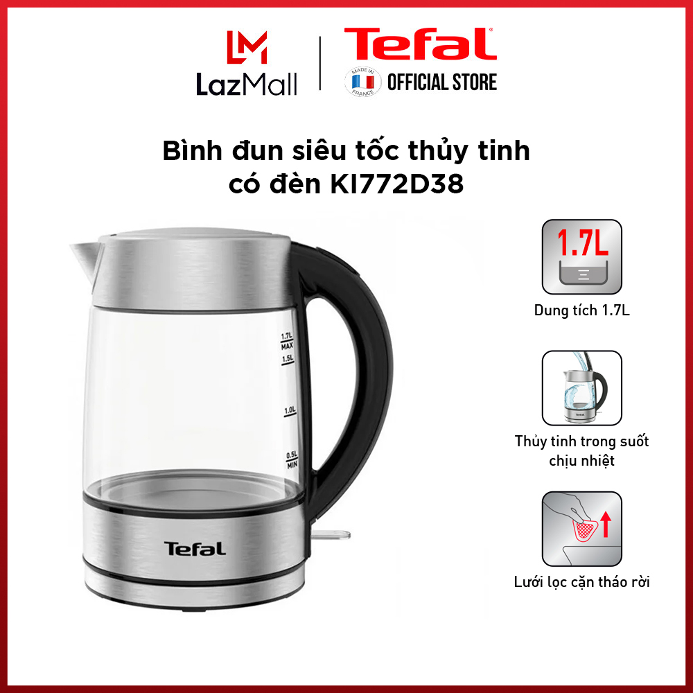 Bình đun siêu tốc thủy tinh 1.7l tefal ki772d38 - 2400w - gian hàng chính hãng bảo hành 2 năm