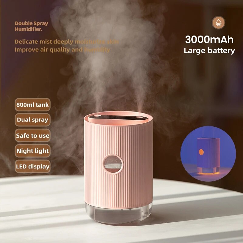 USB Rechargeable 2000mAh Battery Humidifier Portable Wireless Electric Double Nozzle Ultrasonic Air Humidifier Aroma Diffuser