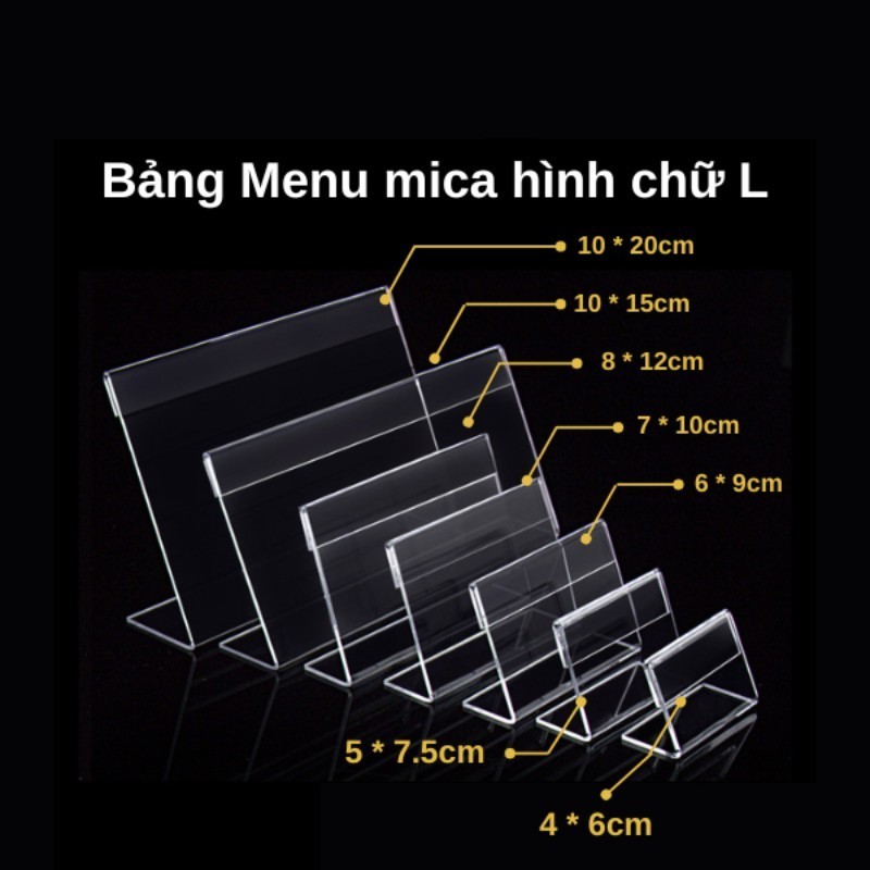 [HCM] Menu Mica L, Bảng giá mica, Tag thông tin mini để bàn, trong suốt, NHIỀU kích thước -GL602