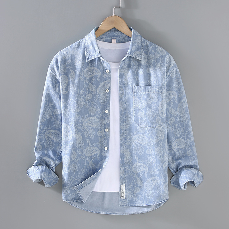Áo khoác denim mùa xuân và mùa thu nam giản dị hợp thời trang in áo sơ mi cotton áo khoác ngoài áo s