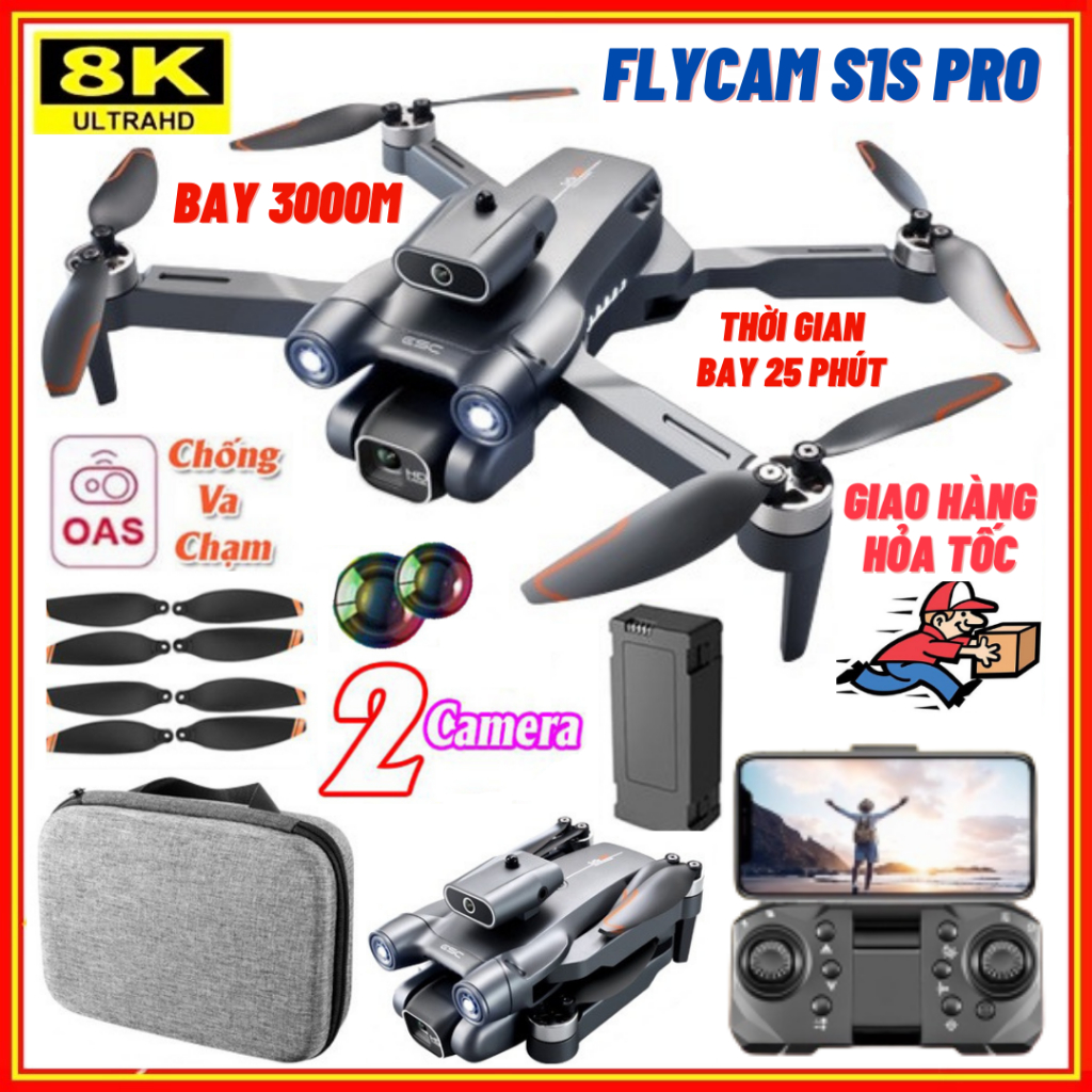 Máy bay điều khiển từ xa 4 cánh, Flycam camera S1S Pro Max động cơ không chổi than, cảm biến chống va chạm, tự quay về
