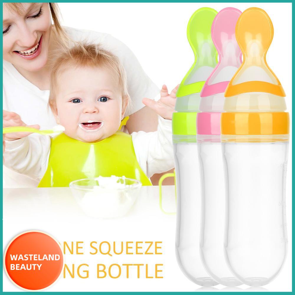 WASTELAND BEAUTY Baby Kid Vắt kiệt Silicone Với Muỗng Food Rice Feeder Bình cho ăn Bình sữa
