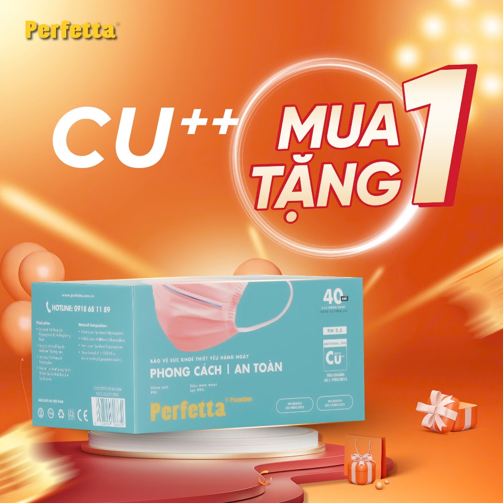 Mua 1 Tặng 1 -  Combo 2 Hộp Khẩu Trang Y Tế Perfetta Premium Nano Đồng (40 cái/hộp)